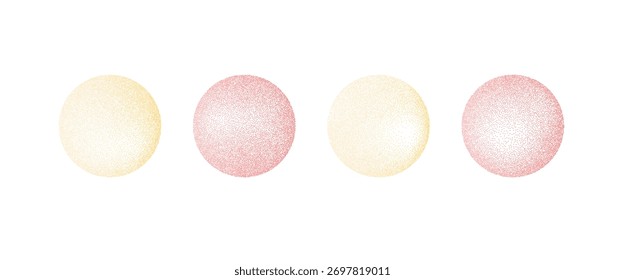 Conjunto de elementos redondos de ruído de gradiente vermelho e amarelo. Círculos de gradação de dotwork do pó. Pastel rosa e dourado formas texturizadas. Chamadas de efeito difuso de areia geométrica infantil. Ícones de spray de tinta vetorial.