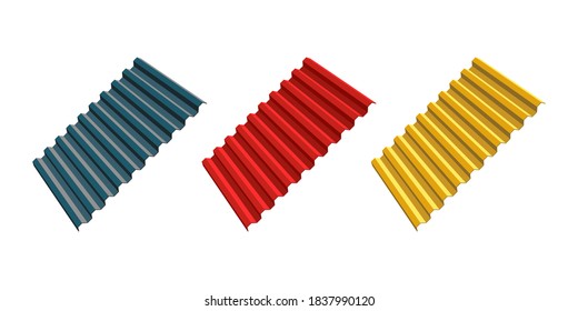 Red, yellow and gray corrugated roofing sheets isolated on white background. Galvanized iron sheets vector icon. Colored wavy slate. Metal roof, metal siding, profiled sheeting for covering or fencing