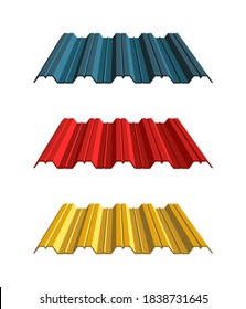 
Red, Yellow And Gray Wavy Slates Isolated On White Background. Galvanized Iron Sheet Vector Icon. Colored Corrugated Roofing Sheet. Metal Roof, Metal Siding, Profiled Sheeting For Covering Or Fencing