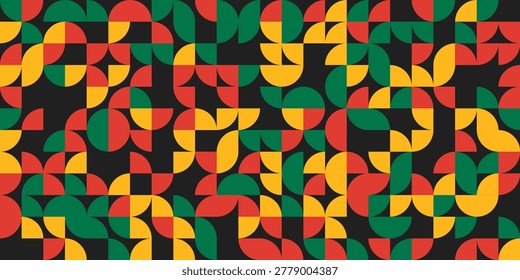 red yellow green abstract geometric shapes on black background, black history month template, juneteenth social network post