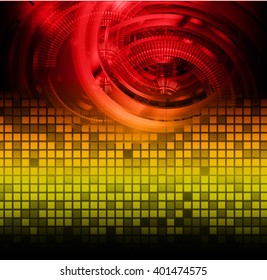 red yellow green abstract hi speed internet technology background illustration. eye scan virus computer. vector. gear. pixel