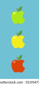 Red, yellow, green apple with missing bite. Icon isolated on white background. Traffic lights concept. Flat vector stock illustration