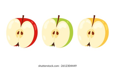 Red, yellow and green apple. Ripe half apple isolated on white background. For food, healthy lifestyle themes or school.