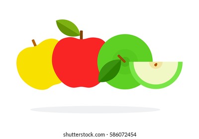 Red, yellow and green apple with a slice vector flat material design isolated on white