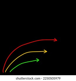 Red, yellow, and green arrows on a black background. Concept of achieving and exceeding targets.