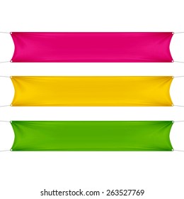 Red, Yellow and Green Blank Empty Horizontal Rectangular Banners Set with Corners Ropes. Textile, Fabric or Nylon with Folds. Vector Illustration Isolated on Background. Ready Template for Your Design