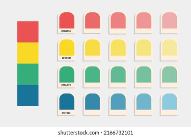 Red yellow green blue color palette, warm colors catalog, harmonious colours palette sample, design and edit idea, colour matching, rgb pantone colors