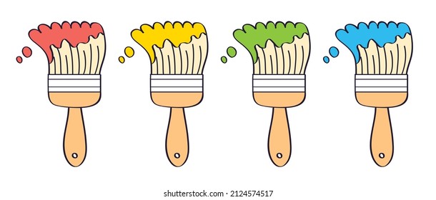 Red, yellow, green and blue paintbrush isolated cartoon vector illustration.