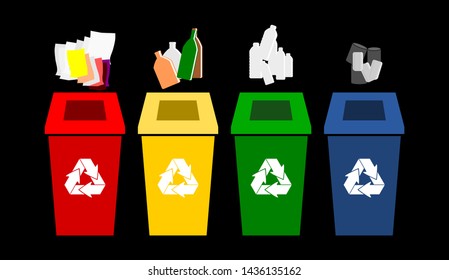 Red, yellow, green and blue recycle bins with paper, glass, plastic and metal on a black background