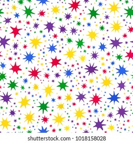 Red, yellow, green, blue, violet rainbow colors paint blots seamless pattern on white. Abstract vector illustration of Indian festival Holi celebrations with colorful ink splash background