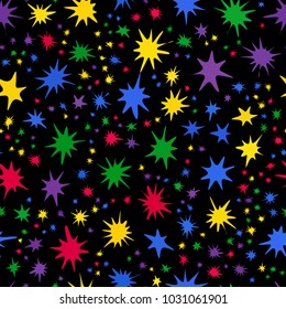 Red, yellow, green, blue, violet rainbow colors paint blots seamless pattern on black. Abstract vector illustration of Indian festival Holi celebrations with colorful ink splash background