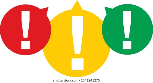 Burbuja roja amarilla y verde con signo de exclamación color blanco, signo de exclamación Ilustración vectorial, aislado sobre fondo blanco.