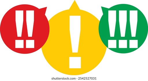 red yellow and green bubble with exclamation mark white color, exclamation mark vector illustration, isolated on white background.