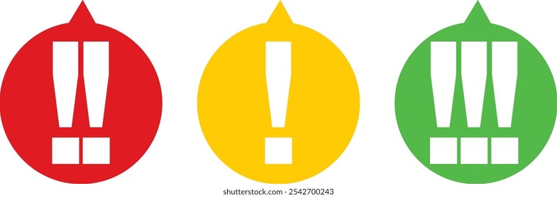 red yellow and green bubble with exclamation mark white color, exclamation mark vector illustration, isolated on white background.