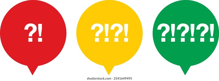 Burbuja roja amarilla y verde con signo de interrogación y signo de exclamación Color blanco, signo de exclamación y signo de interrogación Ilustración vectorial, aislado sobre fondo blanco.