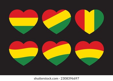 Red, yellow and green colored heart shape icons as the colors of the Black History Month flag. Flat vector illustration.