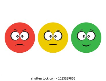 Red, yellow, green face icons with negative, neutral and positive mood. Funny characters. Vector illustration