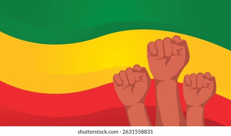 Red yellow green flag background and clenched fist. Freedom day poster.
