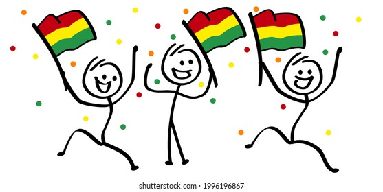 Red, yellow, green flag with confetti. Carnaval or Carnival. opular Event in the Netherlands ( Limburg ). Vector celebrating sign. Cartoon, happy stickman or stick figure man. Holland, dutch party.