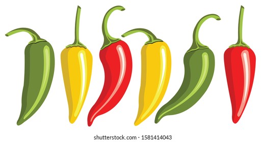 Red, yellow, green hot chili peppers.