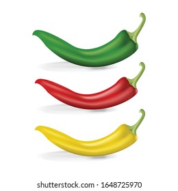 Red, yellow, green hot chili peppers.