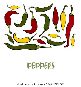 Red, yellow, green hot chilli cayenne peppers, big set of healthy vegetable organic food exotic mexican spicy.