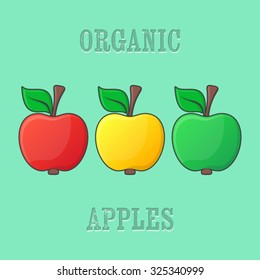 Red yellow green organic apple icons with contour
