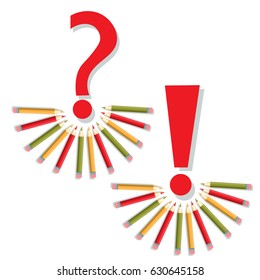 red, yellow, green pencils circle on white, question mark, exclamation mark