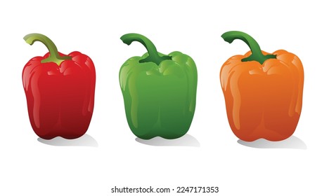 Red, yellow, green pepper 3D creative vector design, set peppers