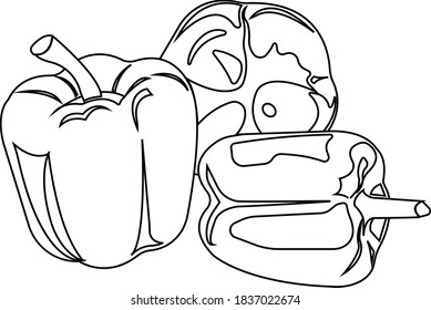 Red yellow and green peppers. Contour image of food. Vector illustration isolated on white background.