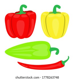 Red, yellow and green peppers - a set of sweet and hot peppers. Ripe vegetables isolated on white