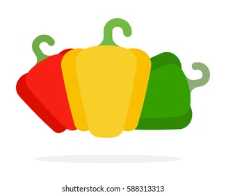 Red, yellow and green peppers vector flat material design isolated on white