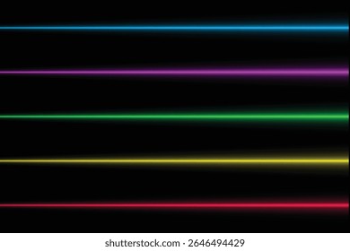 Vermelho amarelo verde roxo azul linha horizontal luz brilhante néon faixa feixe energia onda abstrata cores vibrantes espectro linear gradiente luz efeito em fundo preto isolado