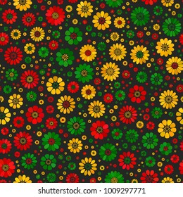 Red, yellow, green reggae colors floral seamless pattern on dark grey background. Round polygon spot texture. Abstract vector for prints, textile, wrapping, fabric, package, cover, greeting card