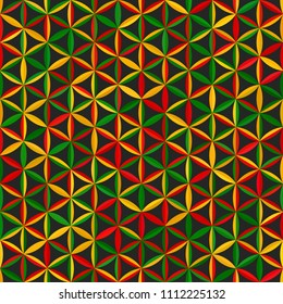 Red, yellow, green reggae colors flower of life seamless pattern on dark grey background. Sacred geometry texture. Abstract vector for prints, textile, wrapping, fabric, package, cover, greeting card