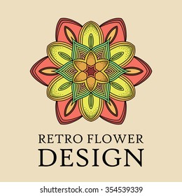 Red, Yellow and Green Retro Vector Flower Logo Design. Line and dots floral pattern for company logotype. Retro design for boutique, florists, beauty saloon. Beige background, isolated logo.