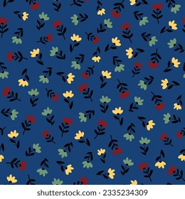 red yellow and green seamless floral vector small flowers with leaves pattern on blue background