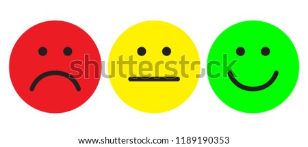 Red, yellow and green smiling faces. Face symbols. Smileys. Flat style. Vector illustration.