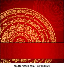 Red and yellow greeting card with round ornament (vector)