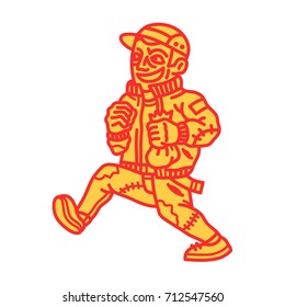 Red yellow guy with a bag