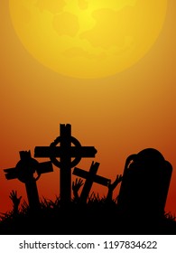 Red and Yellow Halloween Background with Tombstones and Zombie Hands Silhouettes Under the Moon