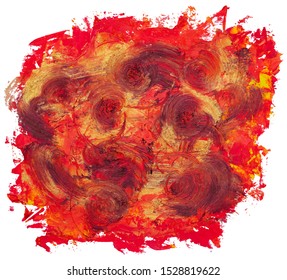 Red and yellow hand drawn square vector oil brush stroke with circles pattern. Template for your text.