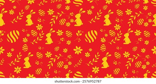 Red and yellow hand-drawn easter seamless pattern with bunnies, doodles, flowers, easter eggs, and beautiful backgrounds for Easter cards