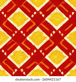 Red and yellow, hand-painted style patterned background, square diamond shape grunge lines ikat pattern, striped seamless pattern, Vector illustration background for print the paper.