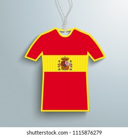 Red and yellow hanging price sticker in t-shirt shape with spanish flag on the gray background.  Eps 10 vector file.