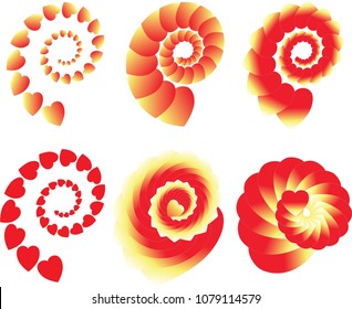 Red and yellow heart in the form of a spiral. Set of isolated elements. Stock vector illustration.