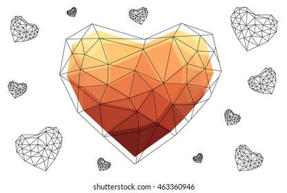 Red, yellow heart isolated on white background. Geometric rumpled triangular low poly origami style gradient graphic illustration. Vector polygonal design for your business.