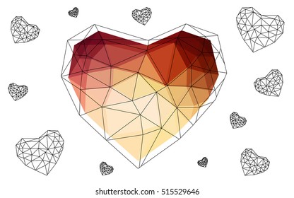 Red, yellow heart isolated on white background. Geometric rumpled triangular low poly origami style gradient graphic illustration. Vector polygonal design for your business.