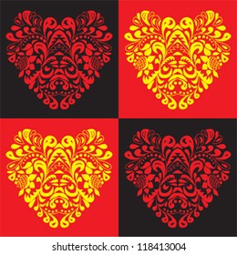 red and yellow heart pattern hohloma vector