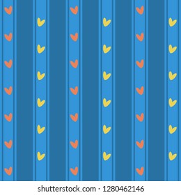Red and yellow hearts on blue. Retro abstract hearts in love pattern.  Vector illustration for romantic nostalgia design. Can be used for wallpaper, cover fills, web page background, surface textures.